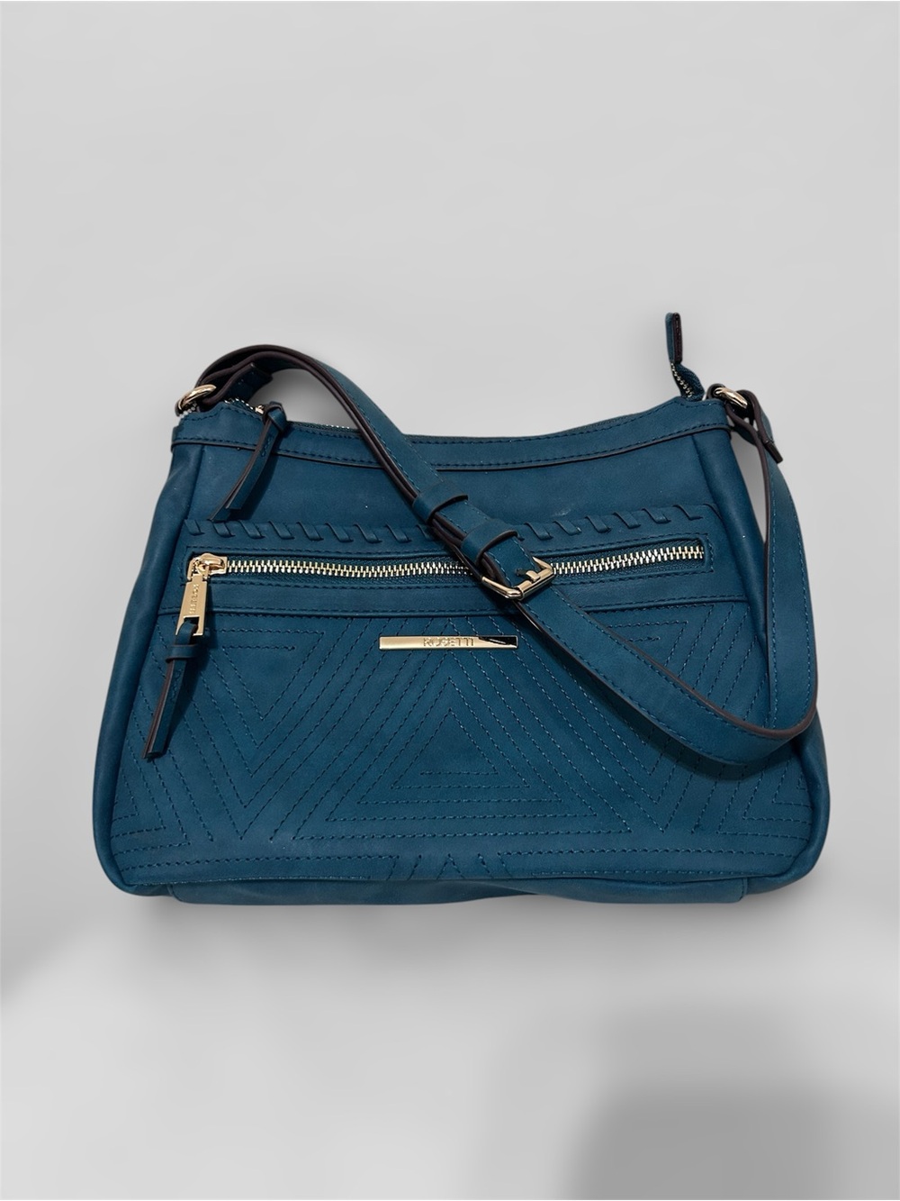Rosetti Teal Blue Crossbody Shoulder Bag Faux Suede Chevron Textured